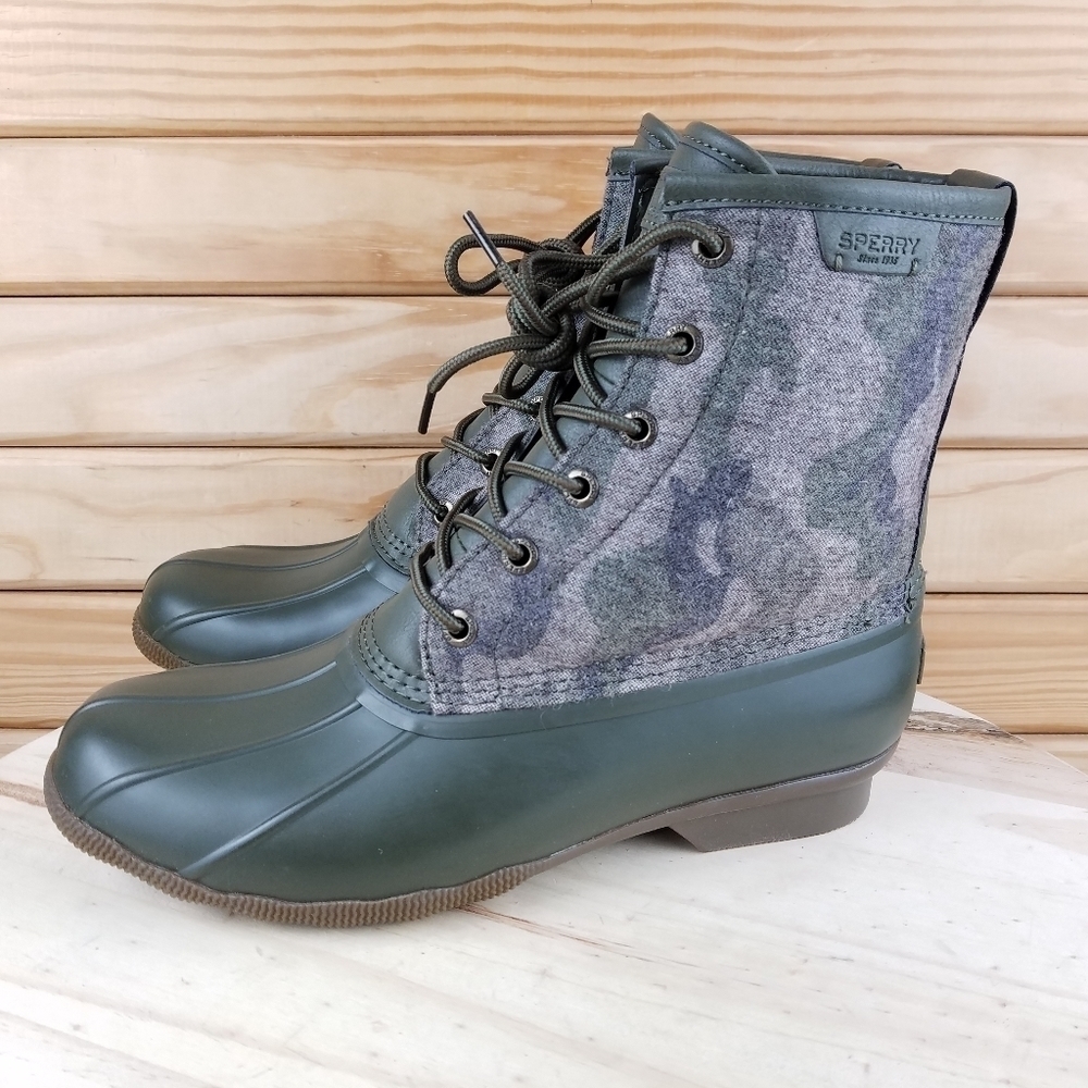 NEW Sperry Top-Sider Saltwater Duck Boot Camo Lace-up Waterproof Green Mens 8.5